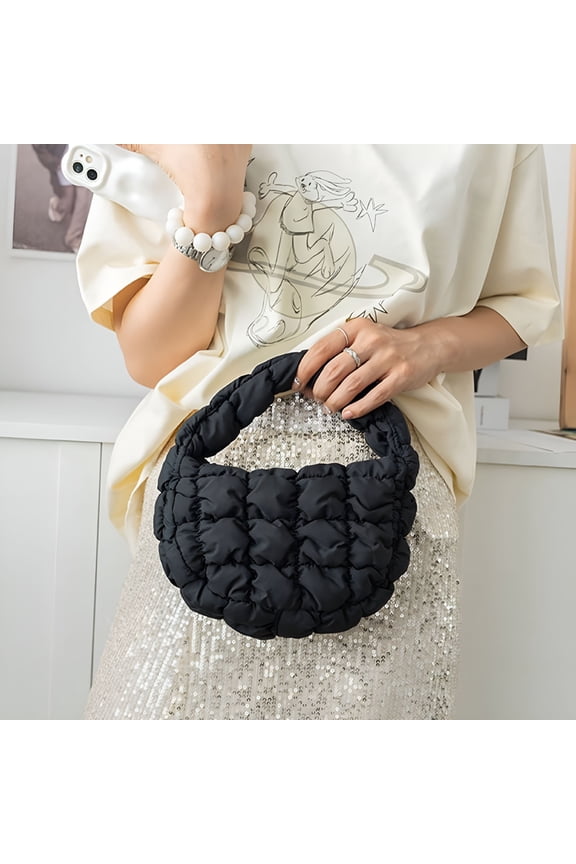 Mini Puffer Tote Bag Quilted Circle Phone Purse Elegant Purple Soft Nylon Padded Key Pouch Trend Handbag