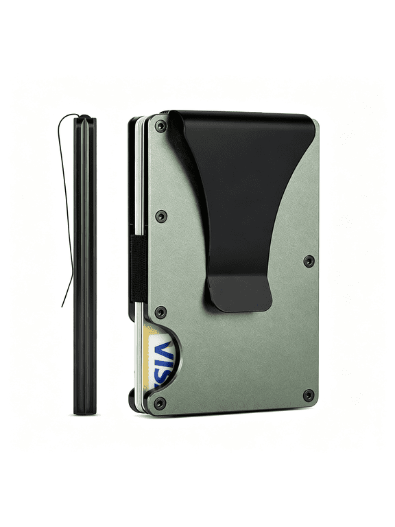 Minimalist Wallet for Men, Slim Metal Rfid Blocking Wallet Credit Card Holder Money Clip & Cash Strap, Scratch-Resistant Holds 15 Cards,Ideal Gift for Men | Matt Green
