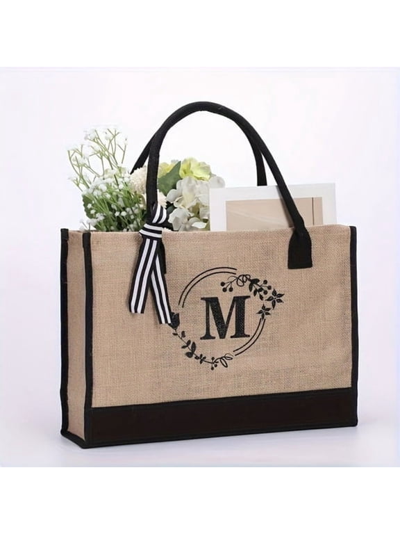 Monogrammed Tote Bags,Personalized Gifts for Women Tote Bag,1Pcs Initial Personalized Jute Tote Birthday Gifts Bags for Women Her Girlfriend Sister Mom(M)