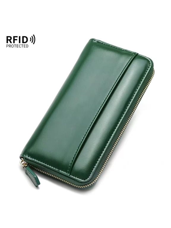 New Women'S Wallet, Cowhide Long Anti-Degaussing Zipper Coin Purse, Men'S Clutch,Sku01035-Dark Green [Brown Cabinet]