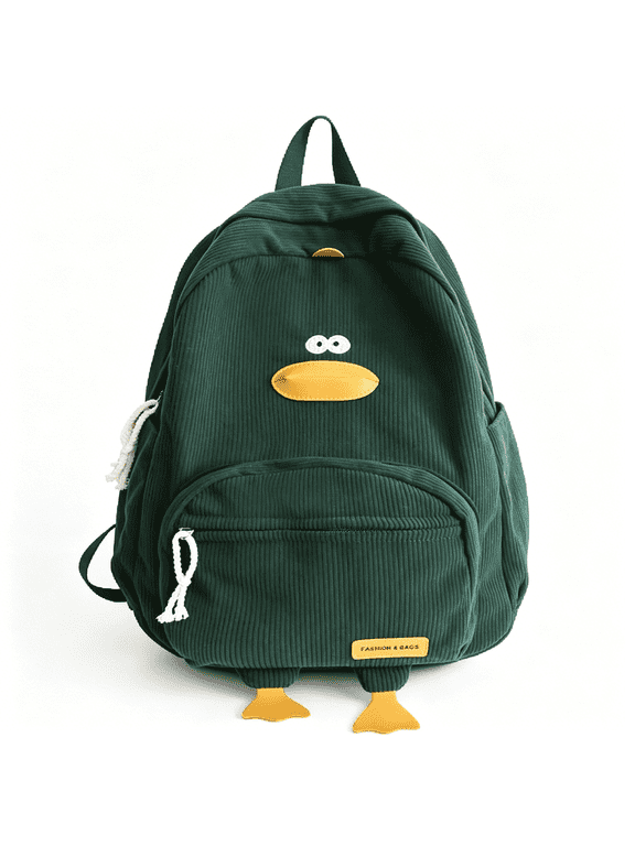 Novelty Duck Backpack Funny Animal Cartoon Corduroy Backpack Kawaii Aesthetic Laptop Backpack Preppy Stuff (Green)