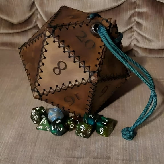 GASTROPOD PU Leather D20 Dice Bag with Drawstring, Portable Polyhedral Dice Pouch for RPG DnD Games, Large Capacity Storage for Chessboard Accessories, Brown