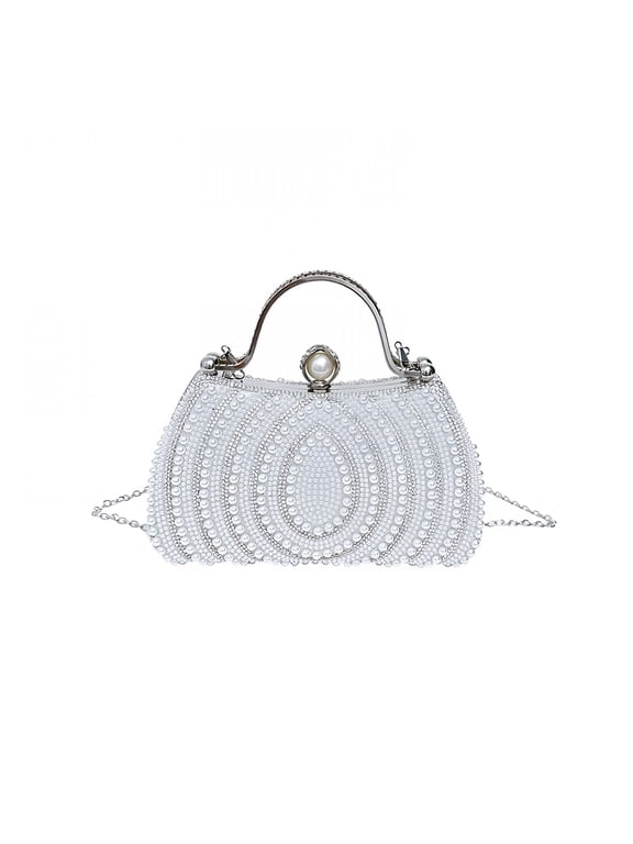 Pearl Embellished Clutch Box Bag for Women,Vintage Chain Shoulder Bag - Lock Closure Evening Purse for Daily Matching and Formal Events (Gold/Silver,2 Styles)