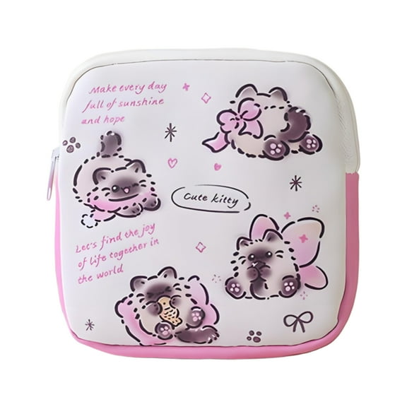 GASTROPOD Period Bag,Pu Leather Siamese Cat Pattern Sanitary Pouch for Menstrual Tampons,Pads,Portable Pad Bag for Ladies First Period Gifts,Pink1