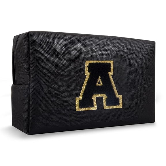 GASTROPOD Personalized Initial A-Z Preppy Patch Makeup Bag,Small Pu Chenille Letter Cosmetic Bag with Zipper for Teen Girls,Black Cute Toiletry Organizer Bag,Monogram Makeup Case Gift,Letter a