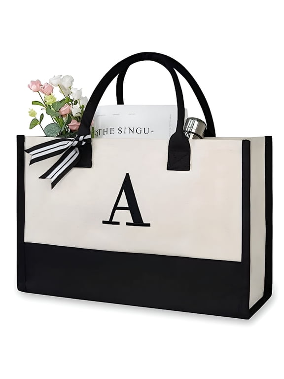 Personalized Initial Canvas Beach Bag, Monogrammed Gift Tote Bag for Women, Personalized Birthday Gift for Mom, Teacher, Friends, Bridesmaids