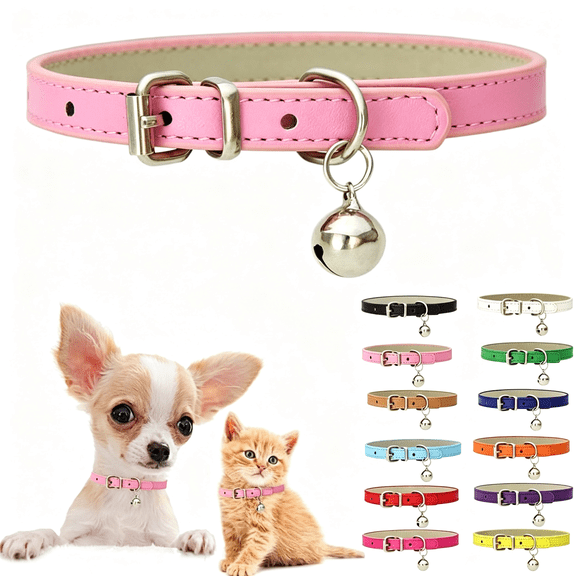 GASTROPOD Pink Xxs Cat Collar with Bell,Soft Pu Leather Puppy Collars Adjustable Buckle for Xs Extra Small Medium Tiny Female Girl Pets Dogs Kitten Teacup Yorkie Xx-Small