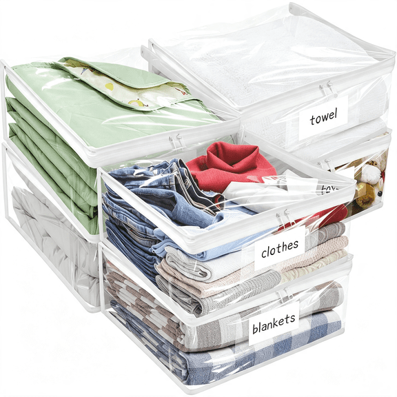 GASTROPOD Plastic Storage Bags with Easy-Glide Zipper,Pack of 6,Durable Clear Vinyl Zippered Storage Bags for Clothes Sweaters Comforters Blankets Sheets Bedding (14.2 X 12 X 3.2",Transparent White)