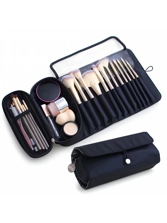 Portable Makeup Brush Organizer Holder for Travel, Holds 20+ Brushes, Cosmetic Bag Roll-up Case Pouch