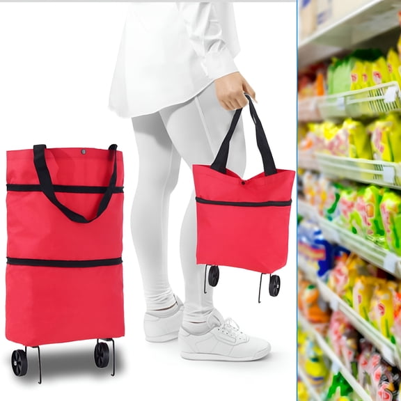 GASTROPOD Portable Shopping Trolley Bag with Wheels Foldable Cart Rolling Grocery Handbag Red