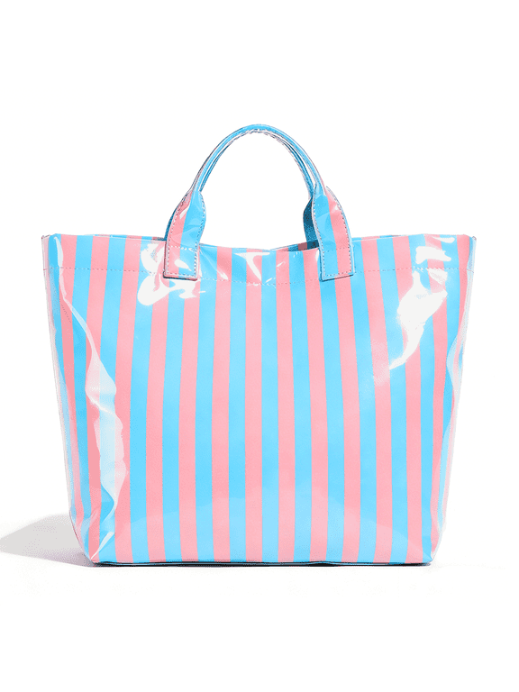 Pvc Tote Bag for Women,Plastic Tote Bags for Shopping,Travel,Work,Classic Woman Handbags with Inner Pocket,Eco-Friendly Gift Bag for Ladies,Mom,Sister,Besties(Blue Pink Stripe)