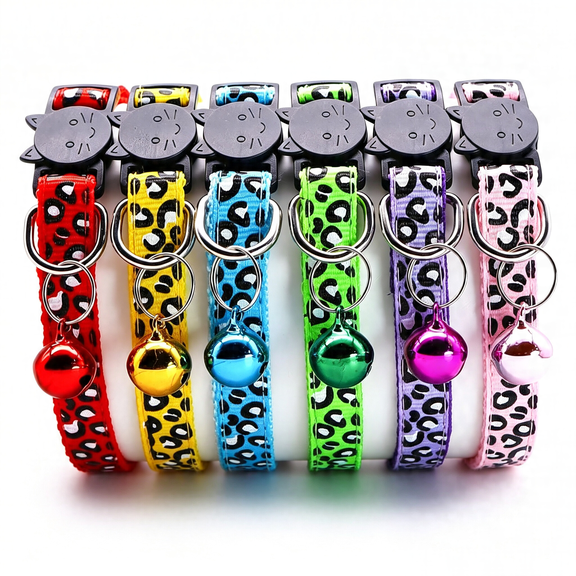 GASTROPOD Reflective 2 Pack Breakaway Cat Collars with Bell Leopard Pattern Cute Kitty Adjustable 7.5-12.5 Inch Safe Kitten Collars Charms (Reflective Cat Collars for Boy Cats Green)