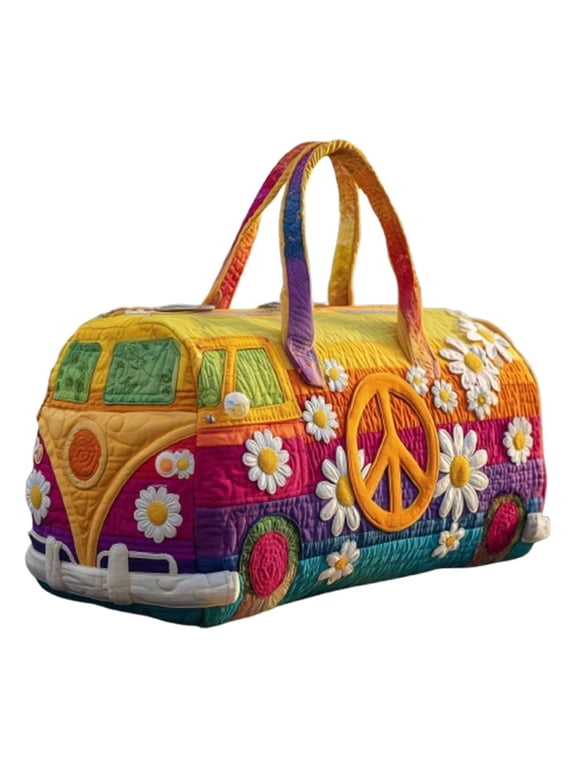 Retro Van Shape Quilted Duffle Printed Bag,Colorful Hippie Peace Sign,Wild Design,Travel Weekender Tote Bag quilted duffle bag for women