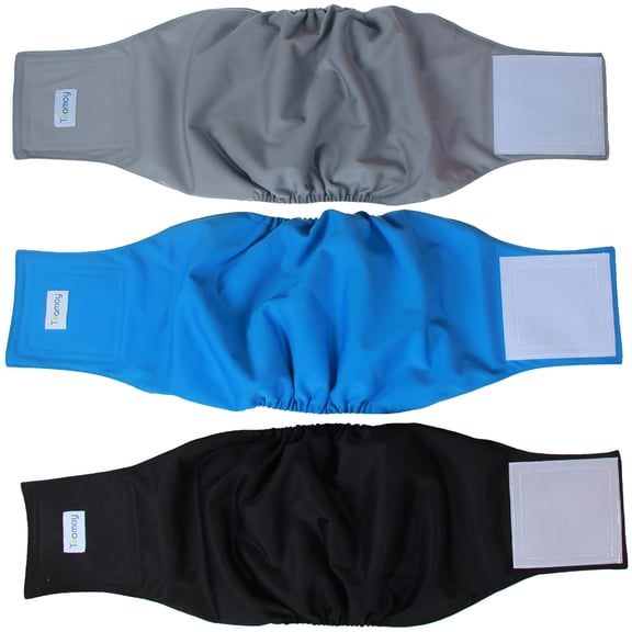 GASTROPOD Reusable Wrap Diapers for Male Dogs, Washable Puppy Belly Band Pack of 3 (L2, 20"-24" Waist, Black+ Gray+ Lake Blue)
