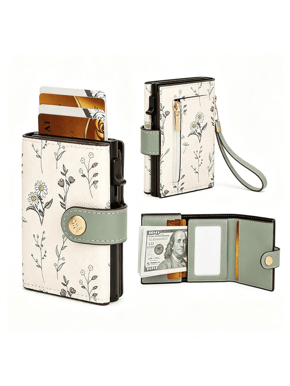 Rfid Blocking Trifold Women'S Wallet,Slim Floral Leather Card Holder with Multiple Card Slots (Green) Credit Card Protector Rfid Blocking Sleeves