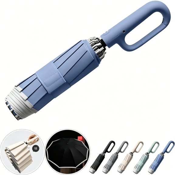 GASTROPOD Ring Buckle Fully Automatic Umbrella,Reflective Safety Strip,Sturdy Windproof,Reverse Automatic,Travel Portable,Compact Folding(Blue)