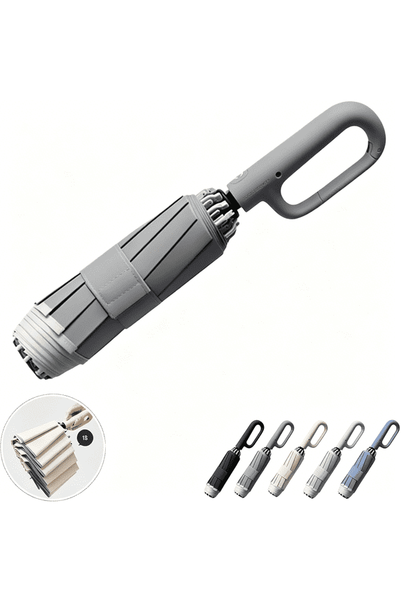 Ring Buckle Fully Automatic Umbrella, Reflective Safety Strip, Sturdy Windproof, Reverse Automatic, Travel Portable, Compact Folding (Gray)