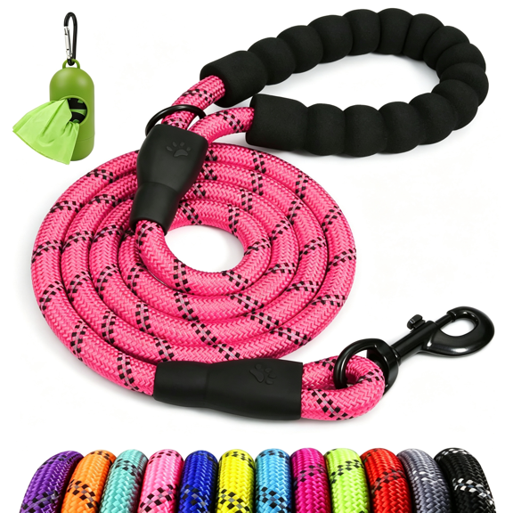 GASTROPOD Rope Dog Leash for Medium Large Dogs,6 Ft Padded Handle,Pink|Climbing Rope for Strong Pullers,Reflective for Night Walks and Training,Comfortable Grip,Anti Swivel Clip 1/2"