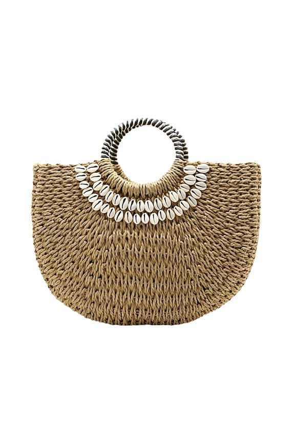 Semi-Circle Beach Rattan Straw Handbags with Tassels Pendant, Simple Retro Fashion Hand-Woven Summer Beach Tote Straw Bag Purse with Sea Shell for Women