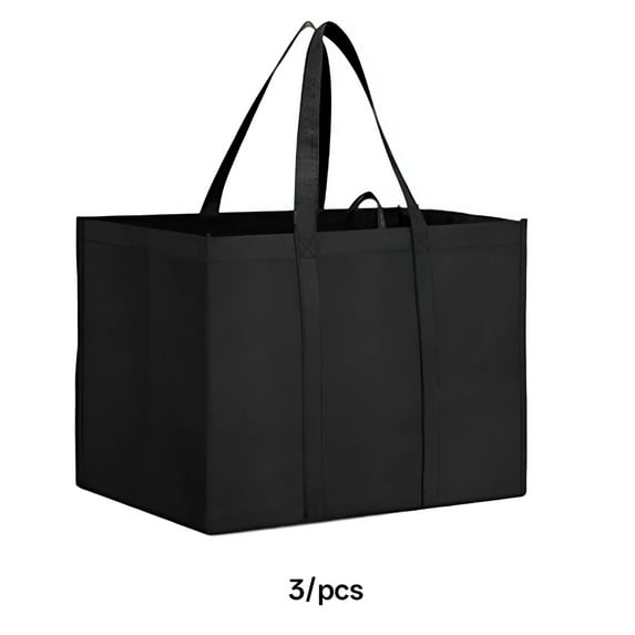 GASTROPOD Set of 3 Reusable Grocery Bags,Large Foldable Heavy Duty Bag,Shopping Tote Produce Bag with Reinforced Handles & Thick Plastic Support Bottom,Black Washable Storage,Utility Tote