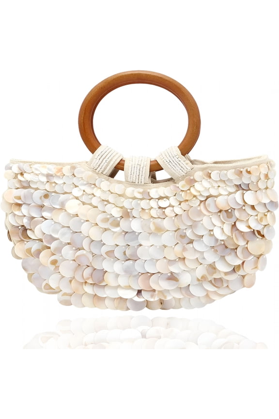 Shell Purse for Women Handmade Seashell Beaded Clutch Beach Wooden Top Handle Bag