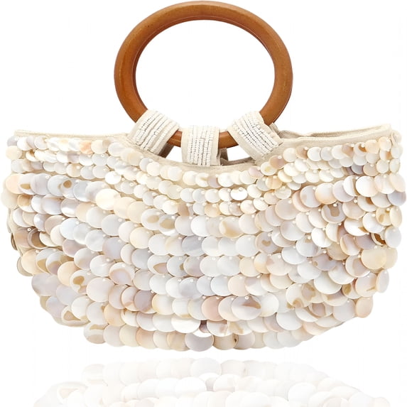 GASTROPOD Shell Purse for Women Handmade Seashell Beaded Clutch Beach Wooden Top Handle Bag