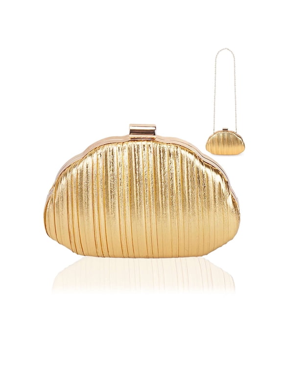 Shell Shaped Gold Clutch Purse for Women Elegant Pleated Crossbody Evening Bag Formal Handbag with Chain Shoulder Strap for Wedding Party Prom-Gold