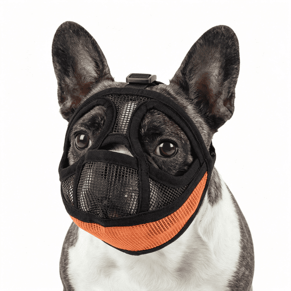 GASTROPOD Short Snout Dog Muzzle,Breathable Soft Mesh French Bulldog Muzzle for Flat Faced Dogs,Adjustable to Prevent Scavenging,Allow Grooming,Drinking&Panting with Tongue Out (Orange,L)