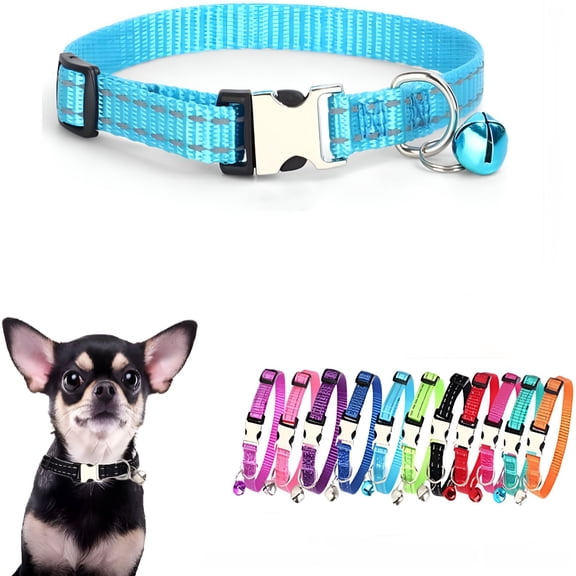 GASTROPOD Small Dog Collar with Bell, Reflective Nylon XS Puppy Neckband, Adjustable Metal Buckle for Cats & Kittens, Light Blue