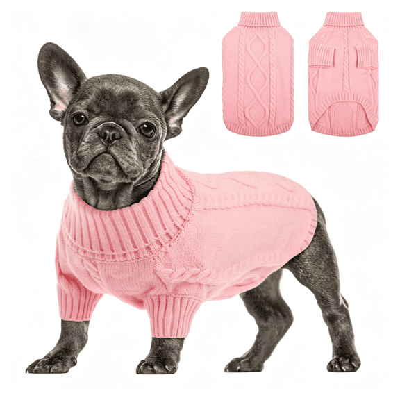 GASTROPOD Small Dog Pullover Sweater, Cold Weather Cable Knitwear, Classic Turtleneck Thick Warm Clothes for Chihuahua, Bulldog, Dachshund, Pug, Yorkie (Pink, Small)