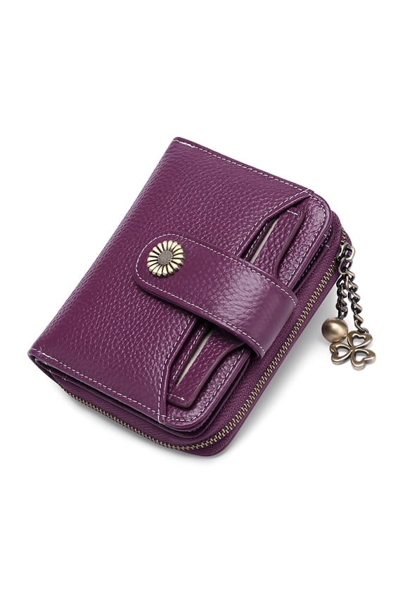 Small Wallet for Women Genuine Leather RFID Blocking Wallet Sleeve Minimalist Front Pocket Bifold Purse Zipper Pocket Card Holder with ID Window - Dark Purple