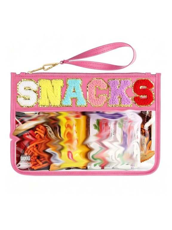 Snack Bag for Travel-Clear Chenille Letter Flat Pouch with Zipper,12.28.46 Inch Waterproof Clear Nylon Preppy Patch Makeup Cosmetic Tote Bags for Women Girls