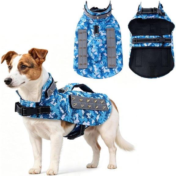 GASTROPOD Spiked Small Dog Vest,Reflective Dog Harness Vest with Removable Spikes, Anti-Bite &Amp; Predator Protective Tactical Dog Jacket with D-Ring &Amp; Breathable Linings (Blue, S)