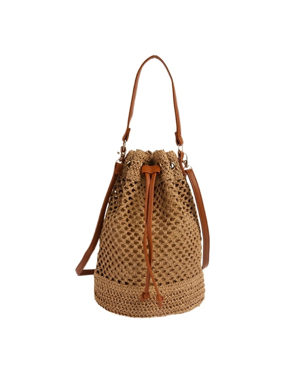 Straw Bag for Women Beach Tote Bag Straw Purse Drawstring Bucket Bag Shoulder Woven Crossbody Handbag Summer Beach Bag