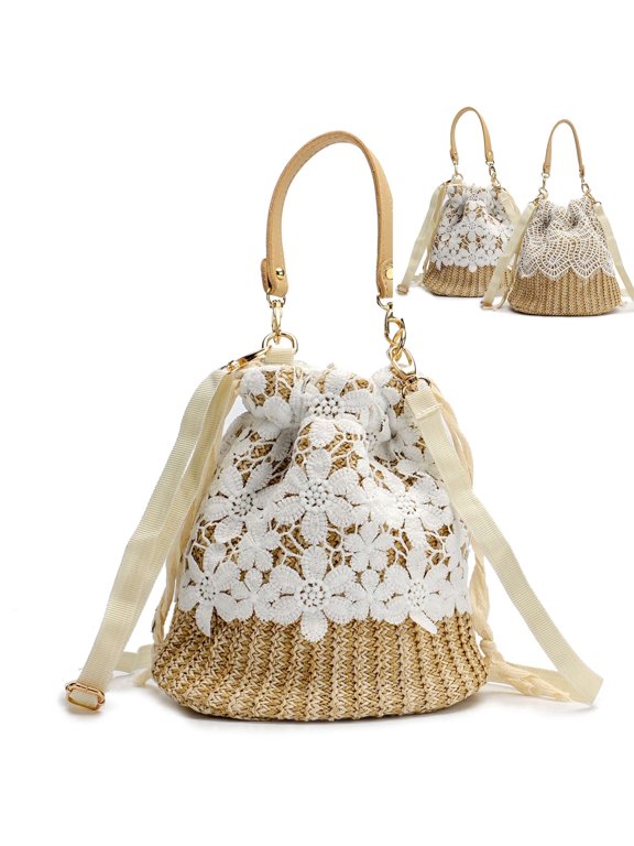 Straw Beach Bag Crossbody Handbag for Women Summer Boho Lace Woven Tote Purse Top Handle Bucket Shoulder Bag Satchel with Drawstring