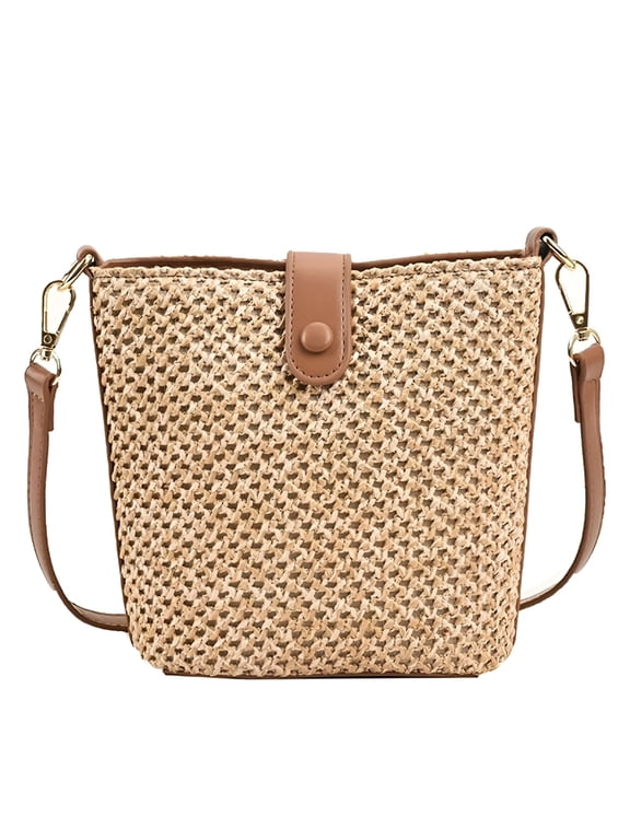 Straw Beach Bag for Women, Handwoven Rattan Crossbody Purse, Small Raffia Bucket Handbag
