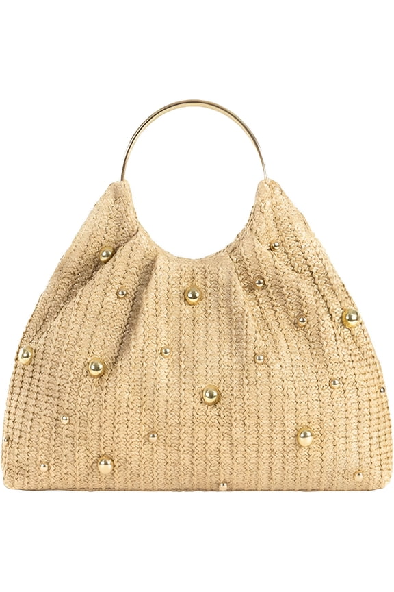Straw Woven Beach Bag Summer Beaded Top Handle Handbag Raffia Evening Purse Wedding Clutch Vacation Tote Wristlet Bag
