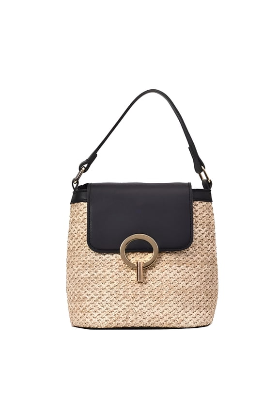 Straw Woven Beach Shoulder Bag Summer Handmade Purses Beach Bags for Women (Black)