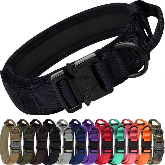 GASTROPOD Tactical Dog Collar with Handle and Metal Buckle, Heavy Duty Padded Military Collar with 2 Patches for Training, Adjustable for Large Dogs, Black, L