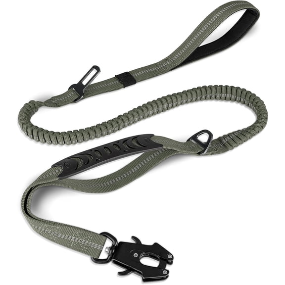 GASTROPOD Tactical Dog Leash Heavy Duty, 4-6FT Shock Absorbing Bungee Lead with 2 Padded Handle, Metal Carabiner Clip, Car Seatbelt, Strong No Pull Leash for Medium Large X-Large Dogs, Army Green