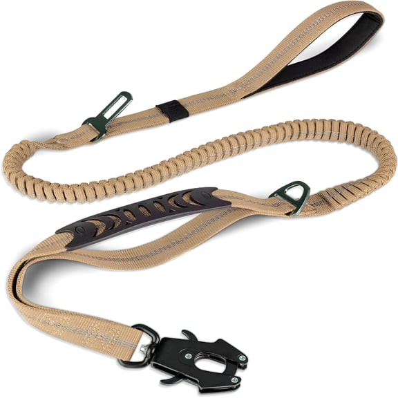 GASTROPOD Tactical Dog Leash Heavy Duty,4-6Ft Shock Absorbing Bungee Lead with 2 Padded Handle,Metal Carabiner Clip,Car Seatbelt,Strong No Pull Leash for Medium Large X-Large Dogs,Coyote Brown