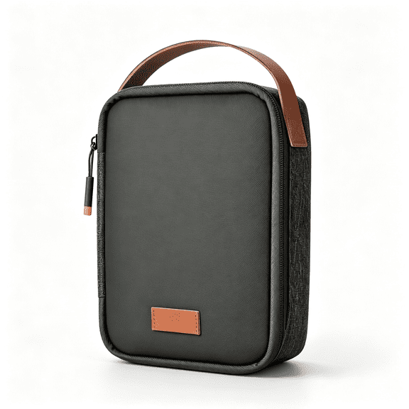 GASTROPOD Travel Electronic Organizer Cable Pouch,Water-Resistant with Genuine Leather Handle,4-Layer Adjustable Storage,Compact Ipad Mini Size,Holds Charger Cables Power Bank Hard Drive,Black