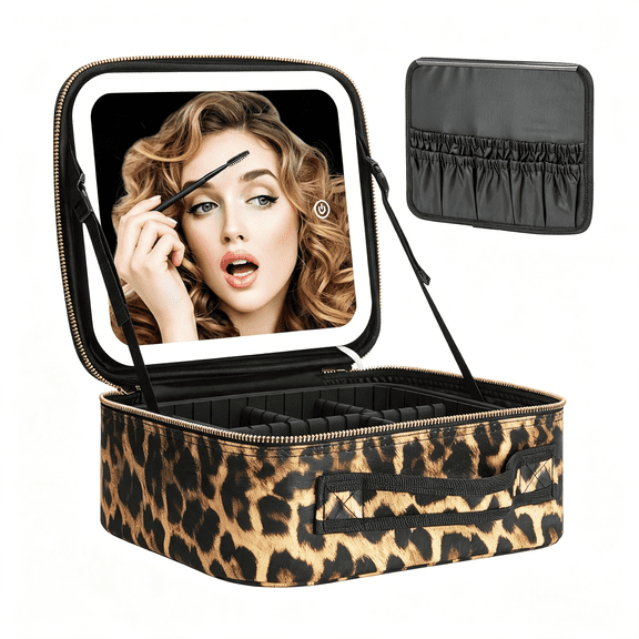 GASTROPOD Travel Train Case with Mirror Led Light 3 Adjustable Brightness Cosmetic Bag Portable Storage Adjustable Partition Waterproof Makeup Brushes Makeup Jewelry Gift for Women (Leopard Print)