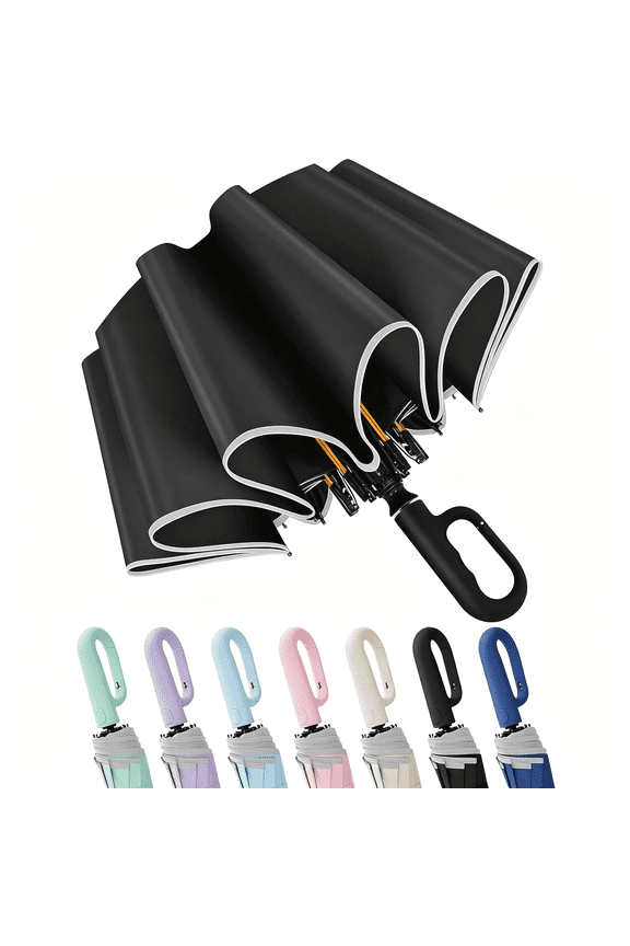 Travel Umbrella with Carabiner Handle, Windproof Large Umbrellas for Rain with Dual-Rib Structure, Portable Compact Umbrella with Reflective Strip, Car Backpack