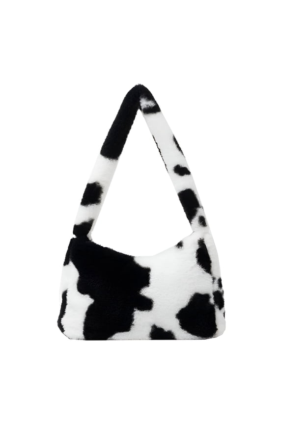 Women Fluffy Faux Fur Cow Print Shoulder Bag Clutch Purse Underarm Handbag Satchel Zipper Tote Bag Purse Cow Print Purse