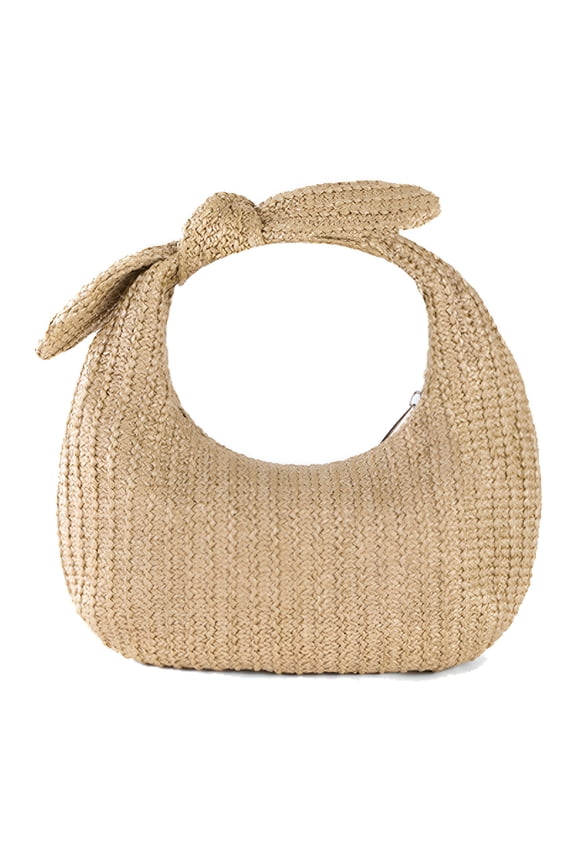 Women Knotted Straw Clutch Purse with Bow Summer Beach Handbag Zipper Closure Dumpling Evening Clutch for Formal Party Wedding