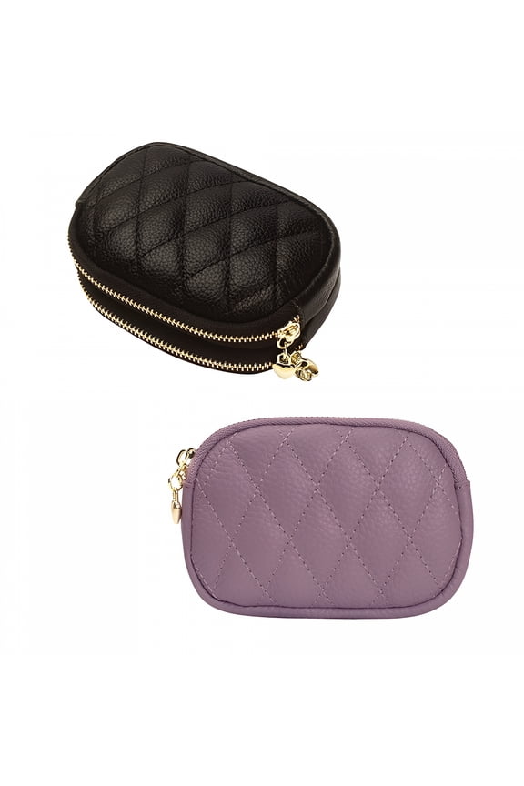 Women Leather Coin Purse, Small 2 Zippered Change Pouch Wallet (2pcs, Black and Purple)