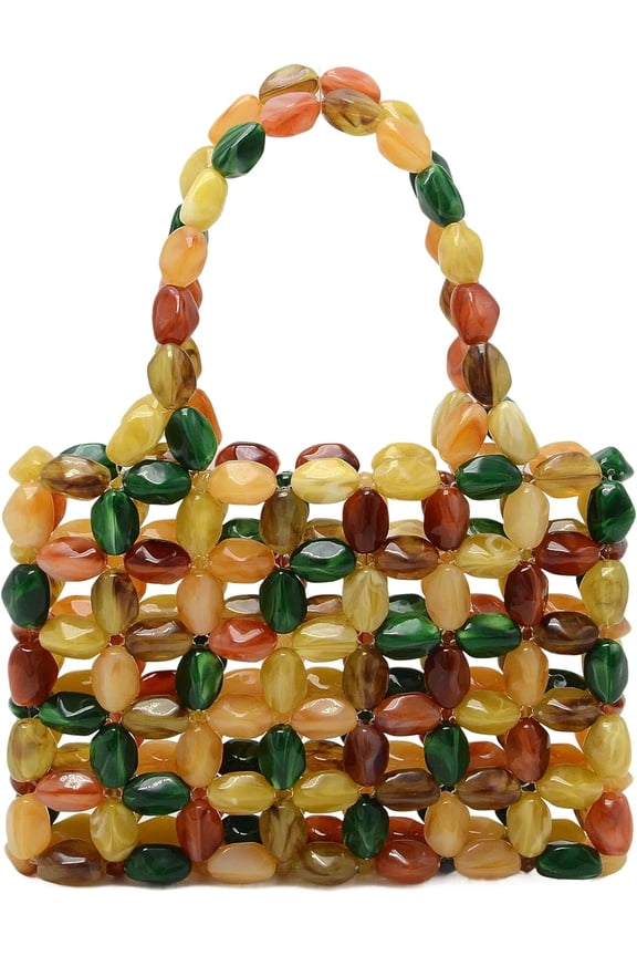 Women Multicolor Stone look Acrylic Beaded Handbag Handmade Woven Tote Bag Vintage Boho Beach Clutch for Wedding Party