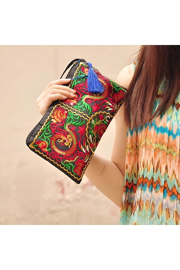Women Retro Boho Ethnic Embroidered Wristlet Clutch Bag Handmade Purse Wallet Storage Bags