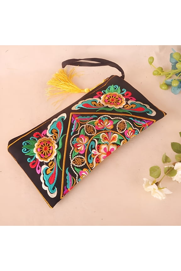 Women Retro Boho Ethnic Embroidered Wristlet Clutch Bag Handmade Purse Wallet Storage Bags